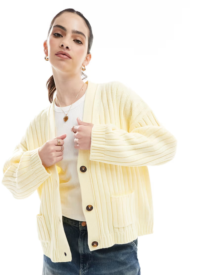 ASOS DESIGN boxy longline ribbed cardigan in buttermilk-Yellow | ASOS (Global)
