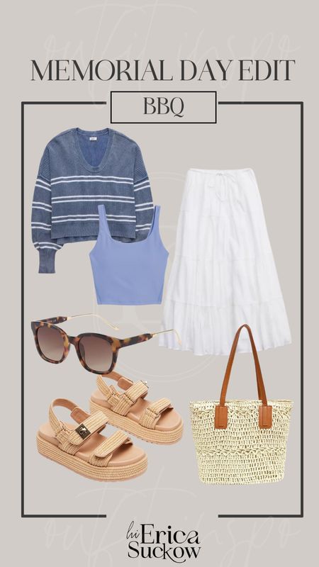 Memorial day outfit idea! This would be perfect for a barbecue or bonfire. 

I’ve been dying to find a white skirt and this is so cute  from aerie. The blue sweater is also from Arie and it would be great to put a bra underneath in case you get too hot. The platform straw sandals are from Amazon, the straw bag is from amazon and these are some of my favorite sunglasses under $15 



#LTKStyleTip #LTKFindsUnder50 #LTKMidsize

