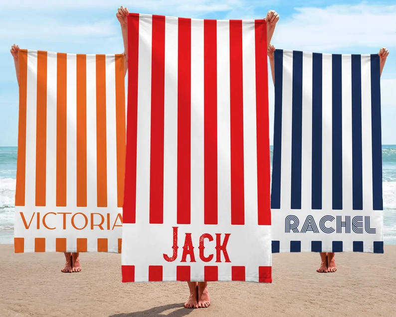 Striped Beach Towels Stripe Print Beach Towel Personalized Beach Towel Custom Name Beach Towel St... | Etsy (US)