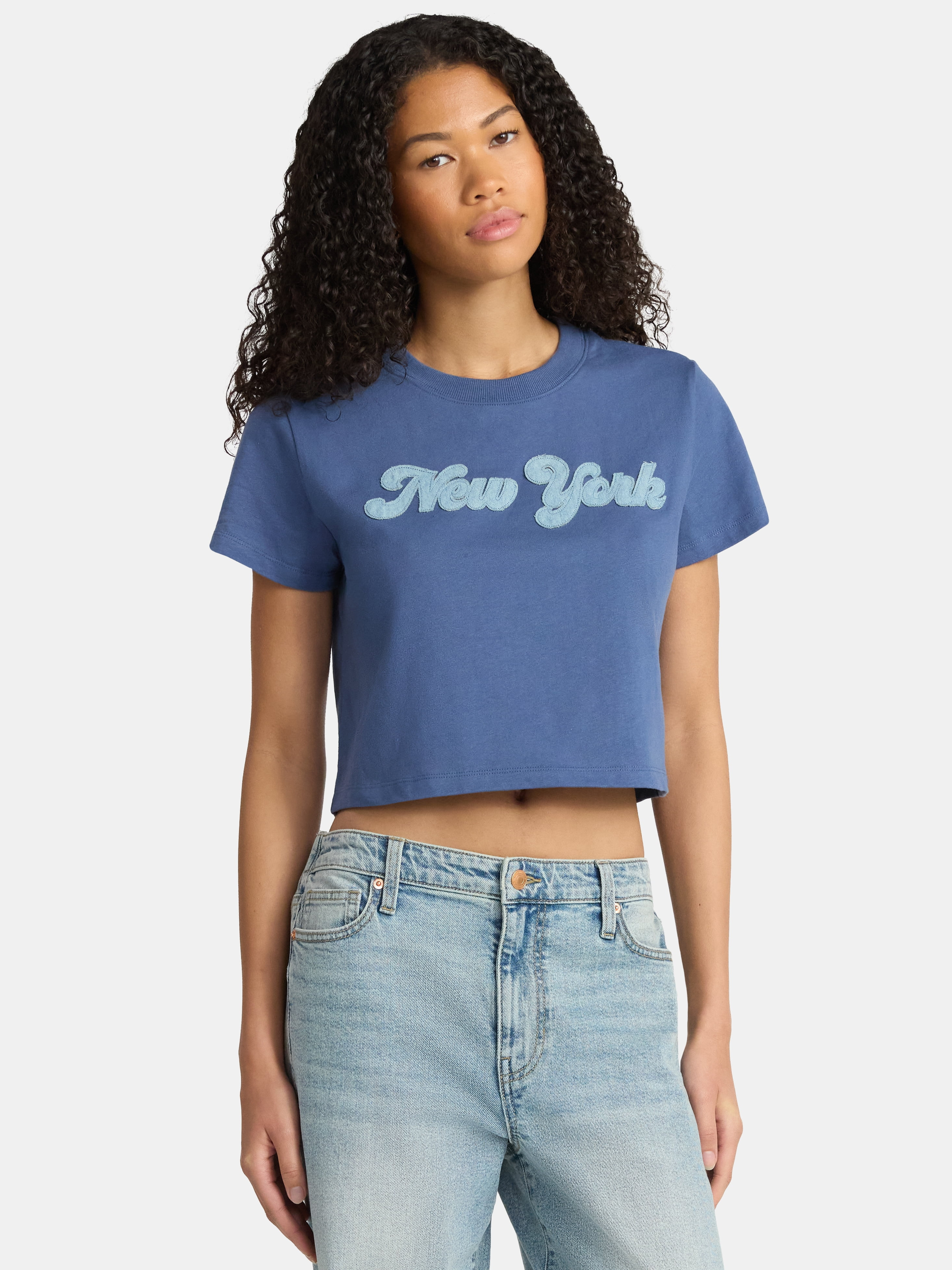 No Boundaries Embroidered Boxy Cropped Tee, Women's | Walmart (US)
