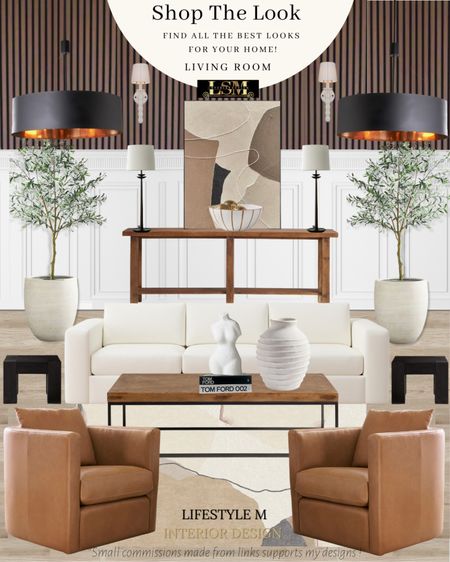 Brown modern transitional living room design idea. Wood rectangle coffee table, brown leather accent chair, black end table, white table vase, white female bust decor, decor books, white tree planter pot, realistic fake tree, brown wall art, wood console table, decorative bowl, metal table lamp, black round chandelier, white wall sconce light, brown wall panels.

#LTKFind #LTKstyletip #LTKhome