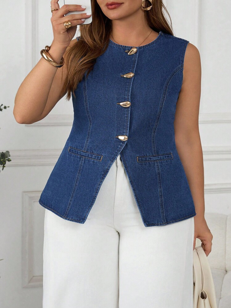 SHEIN CURVE+ Plus Size Sleeveless Denim Casual Blouse, Suitable For Work And Leisure, Summer, Spring/Autumn,Only Cute Summer Holiday Elegant Vacation Romantic Curve Farmhouse,Elegant Metal Button Accent Cinched Waist Jacket Set, Stylish For Commuting ,Business | SHEIN