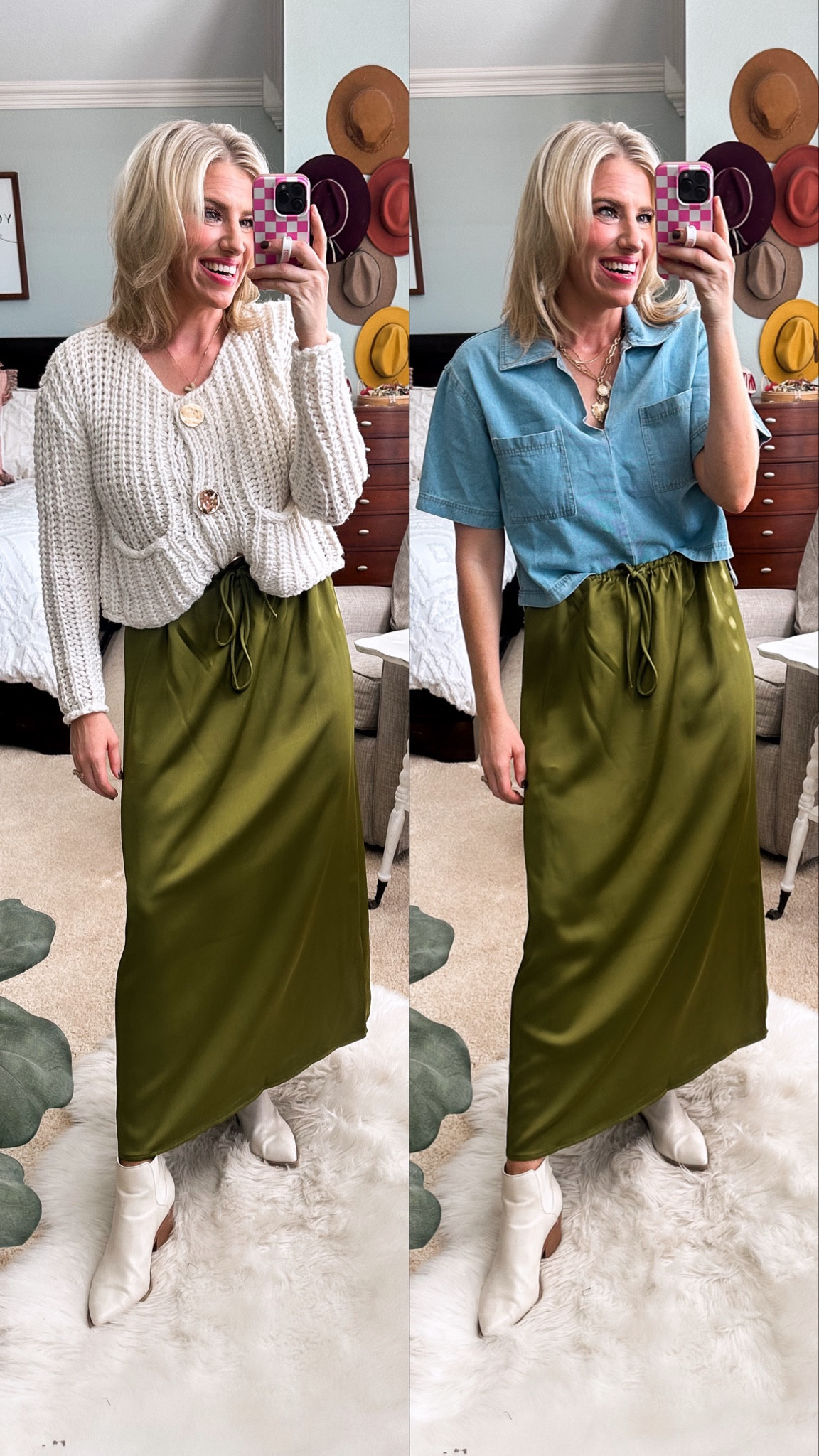 Sunday church OOTD 
This satin skirt is so stunning! It fits tts and I’m wearing a small. Comes in tons of color options. 

I love the viral sweater vest styled with it, but the denim top was a better option for our 90 degree fall day😆☀️

#LTKFindsUnder50 #LTKWorkwear #LTKStyleTip
