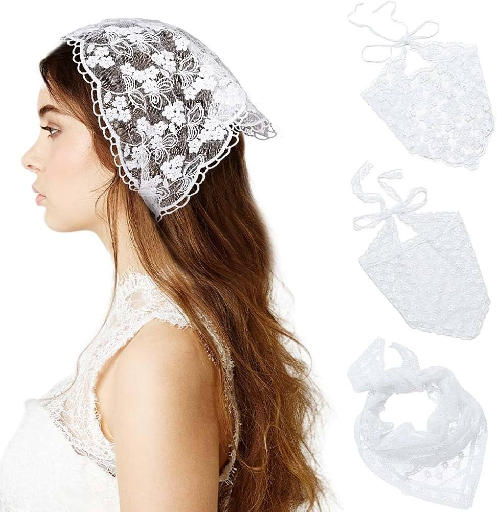 Woeoe 3Pcs Lace Floral Hair Bandanas Triangle Mesh Flower Head Kerchief Print Tie-back Hair Scarf... | Amazon (US)