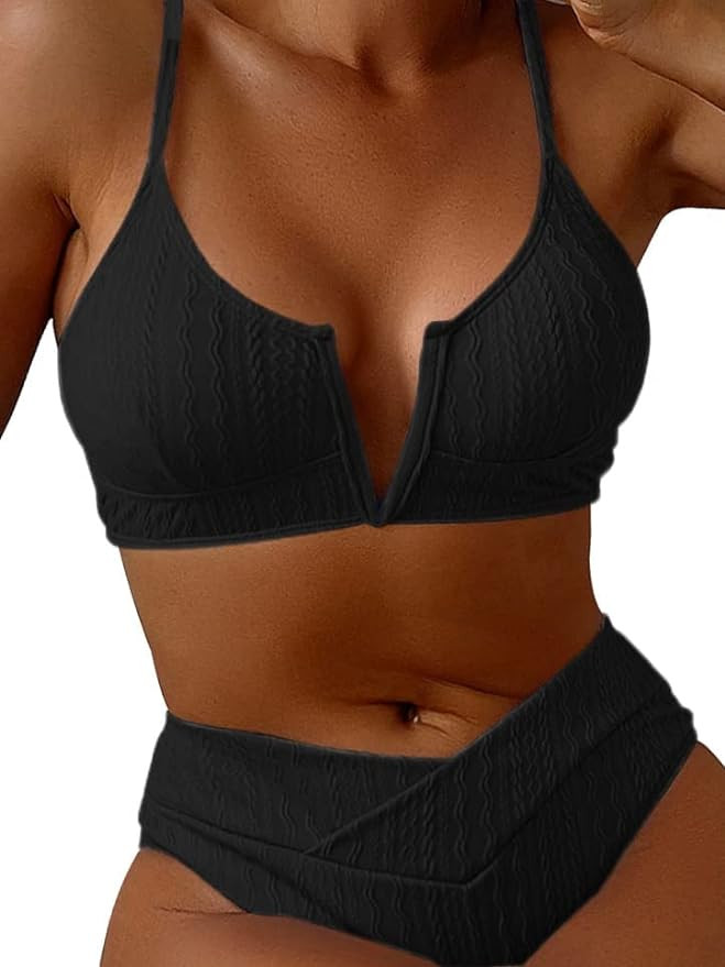 HYTENSUN Women's V Cut High Waisted Bikini Ribbed V-Wired Cami Two Pieces Swimsuit | Amazon (US)