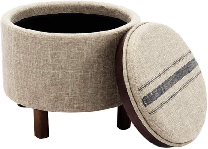 chairus Round Storage Ottoman with Tray, Small Footrest with Blue Striped Lid & Wood Legs, Beige | Amazon (US)