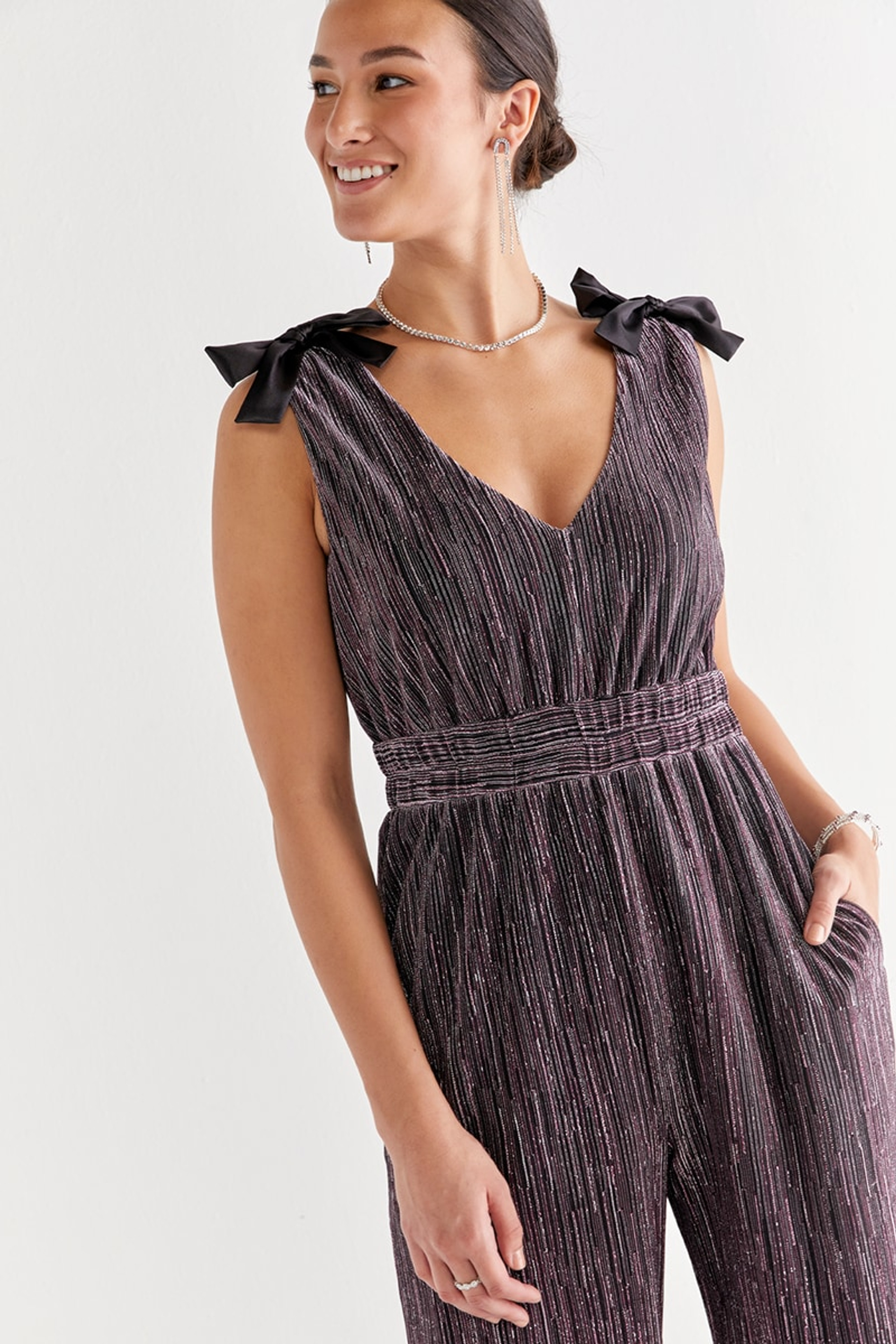 Catherina Tie Strap Shimmer Jumpsuit | Francesca's