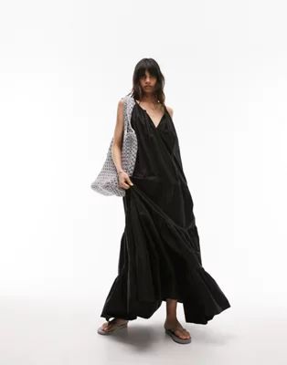 Topshop tiered poplin oversized maxi dress in black | ASOS (Global)