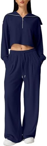 QINSEN Women Cozy 2 Piece Lounge Matching Set Wide Leg Sweatpants Half Zip Crop Sweatshirt Outfit... | Amazon (US)