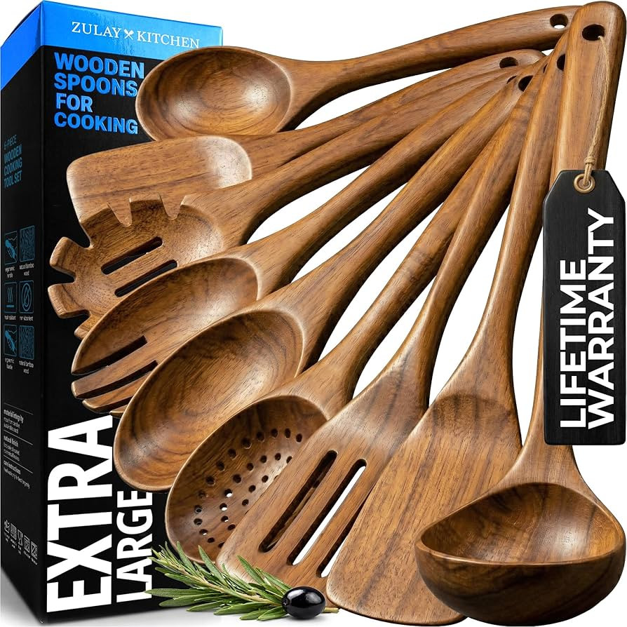 Zulay Kitchen 9-Piece Teak Wood Cooking Utensil Set – Non-Toxic & Non-Stick Safe Wooden Spoons ... | Amazon (US)