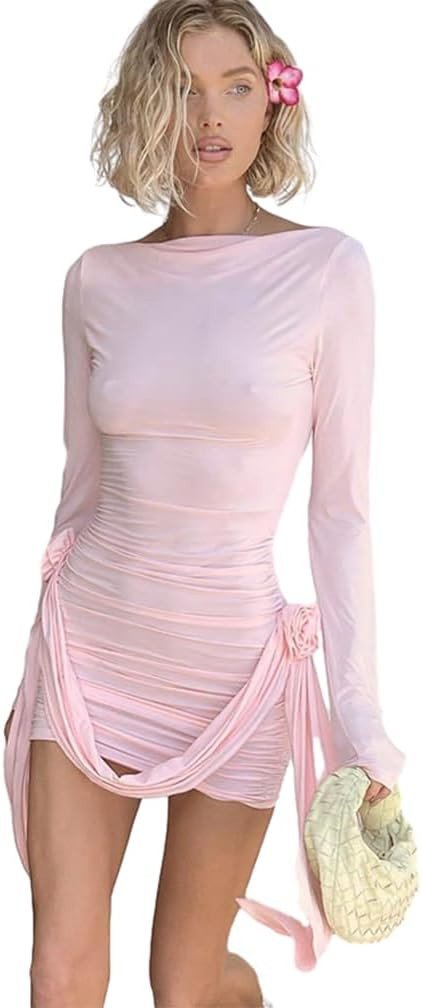 Women's Sexy Long Sleeve Bodycon Mini Dress 3D Floral Ruched Y2k Club Party Short Dresses | Amazon (US)