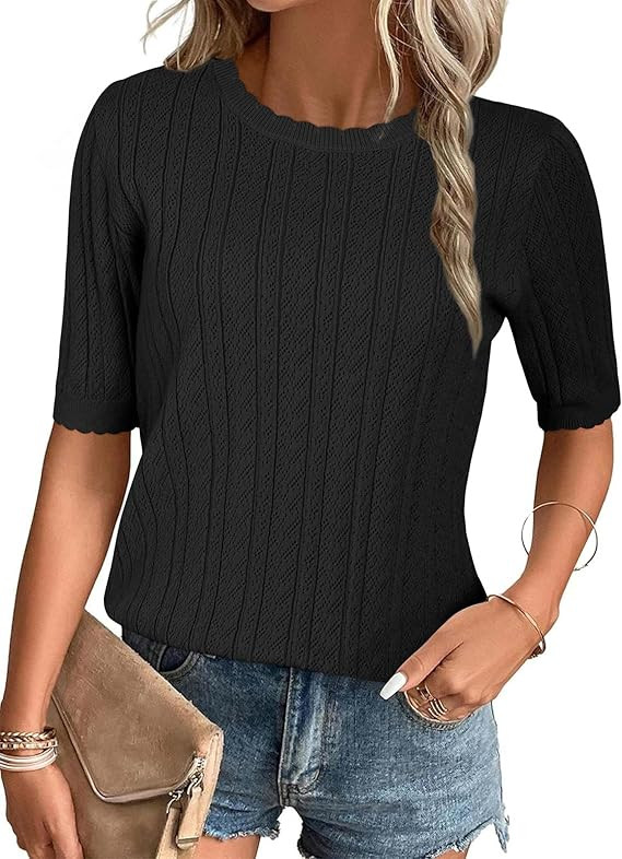 Arach&Cloz Women's Spring Summer Scalloped Short Sleeve Tops Textured Shirts | Amazon (US)