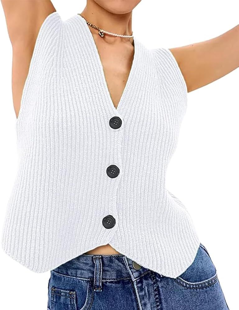 Bgylu Womens Sleeveless Knit Vest Top Loose Button Down V Neck Crochet Vest Sweater Tank Top Y2k ... | Amazon (US)