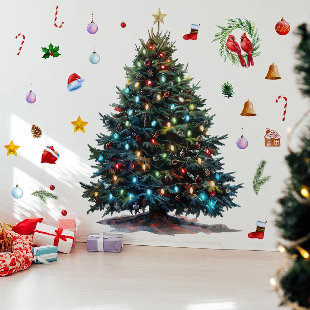 74.4 x 59.44 Inch Christmas Wall Decals Christmas Tree Wall Stickers Removable Christmas Window D... | Amazon (US)