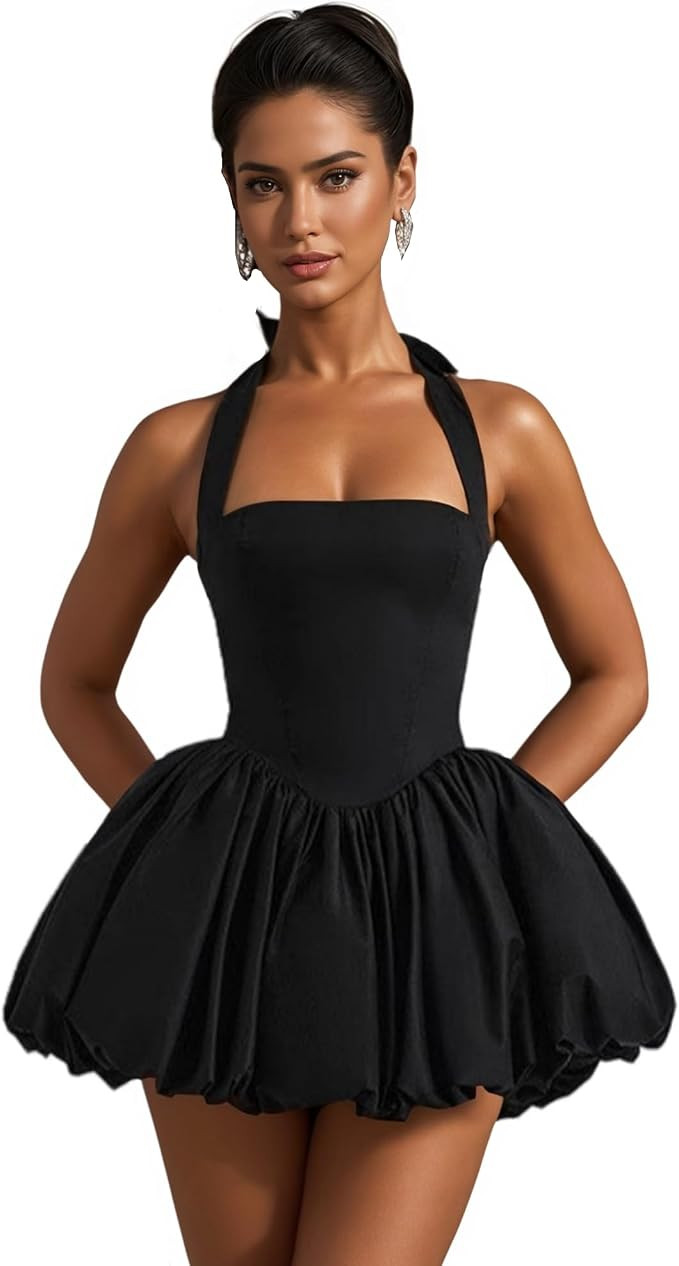 Women's Elegant Halter Pleated Homcoming Dress Puffy Princess Cocktail Party Gown A Line Short Pr... | Amazon (US)