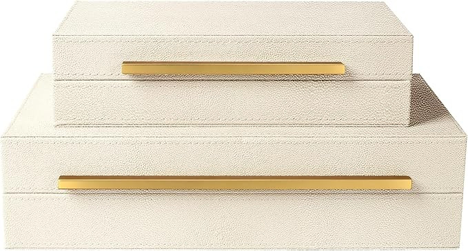 Sagala Set of 2 Beige Shagreen Decorative Boxes With Gold Metal Handles, Faux Leather Jewelry Box... | Amazon (US)
