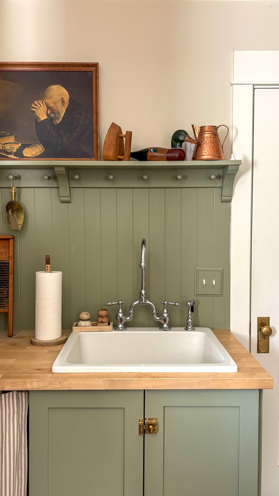 English style scullery, laundry room, charming, wood pegs, bridge faucet, vintage art 

#LTKHome
