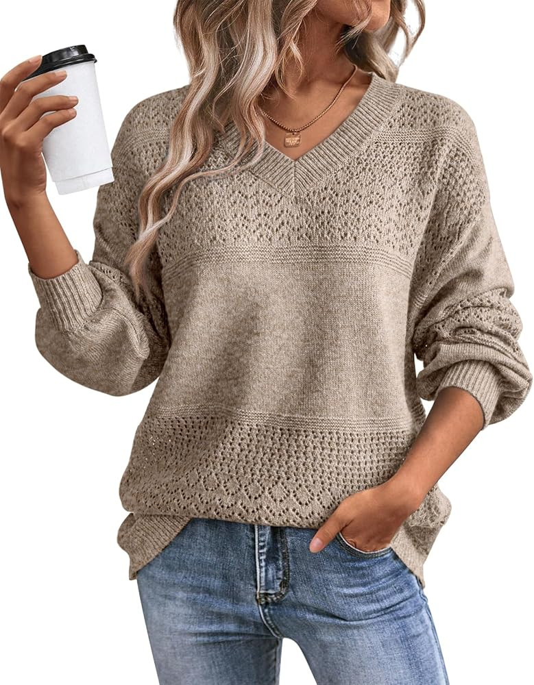 ATHMILE Sweaters for Women Fall Outfits Oversized Long Sleeve V Neck Crochet Sweaters Lightweight... | Amazon (US)