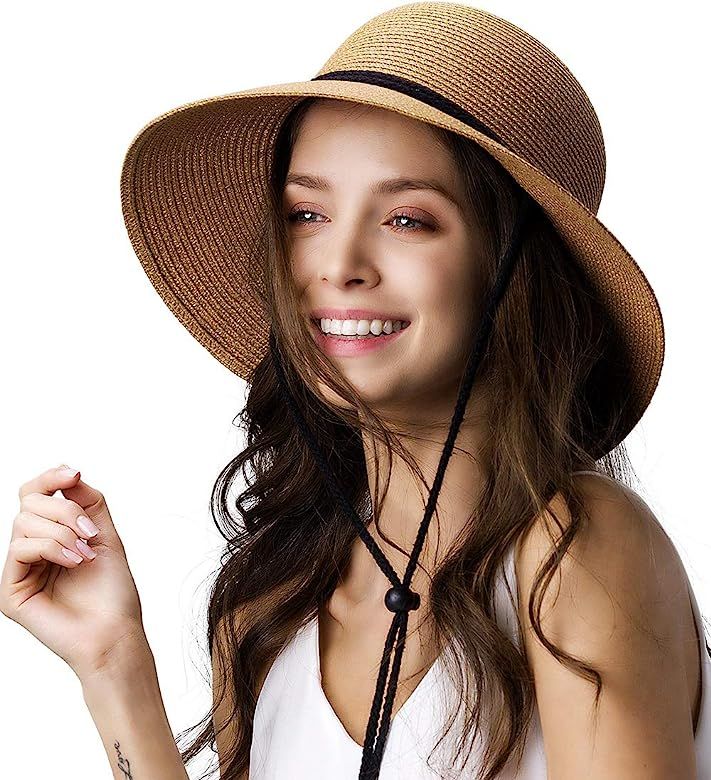Womens Wide Brim Sun Hat with Wind Lanyard UPF Summer Straw Sun Hats for Women | Amazon (US)