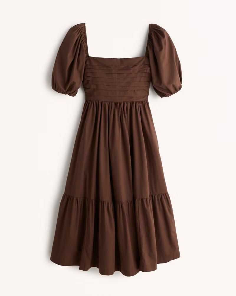 Ruched Puff Sleeve Poplin Midi Dress | Abercrombie & Fitch (US)