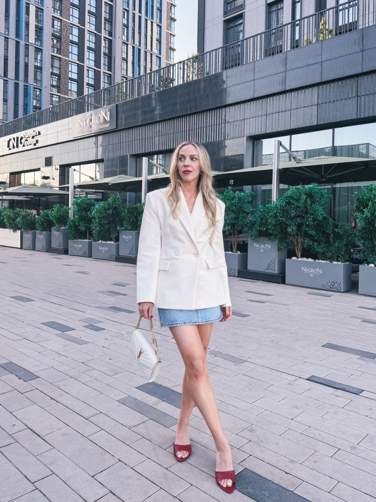 Date night outfit, white blazer, denim mini skirt, red mule sandals, blazer with mini skirt

#LTKSeasonal #LTKOver40 #LTKSaleAlert