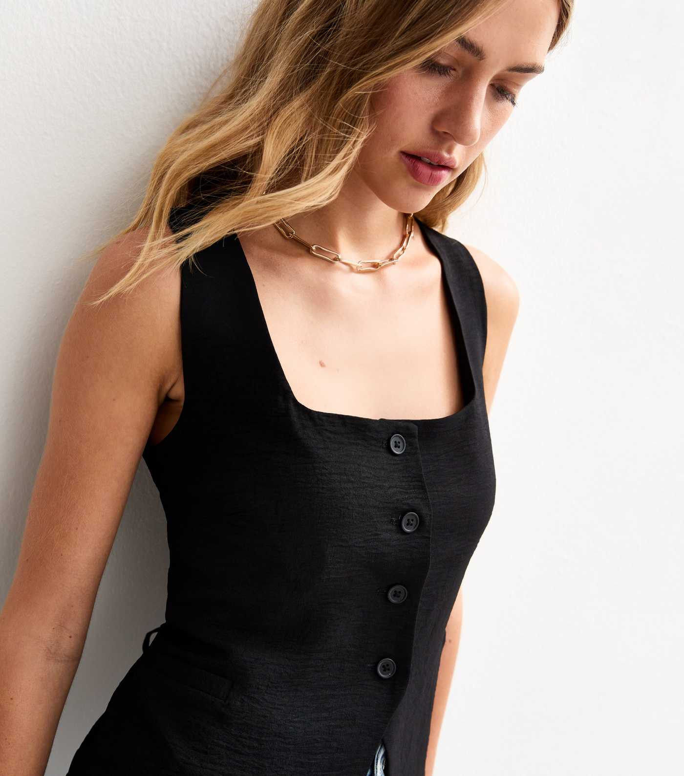 Black Square Neck Textured Button Waistcoat | New Look | New Look (UK)
