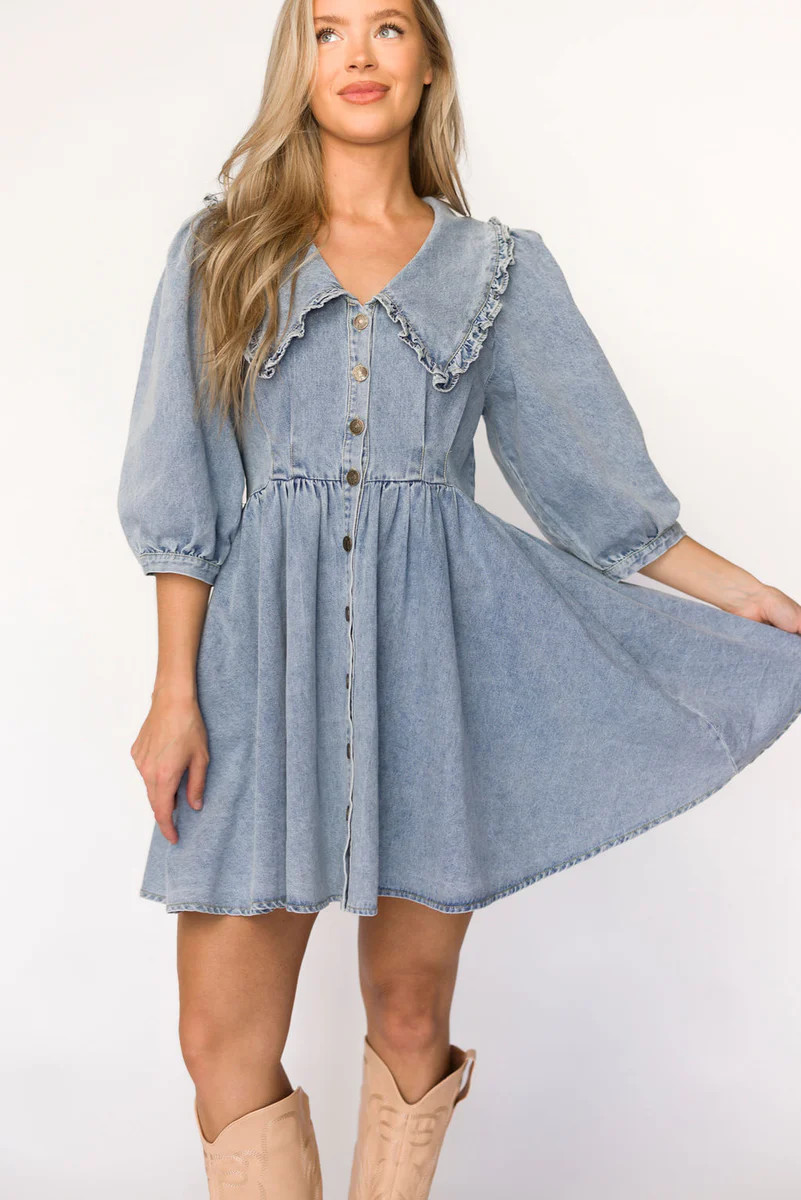 Lainey Mini Dress with Peter Pan Collar in Light Wash Denim - Nursing | Worth Collective