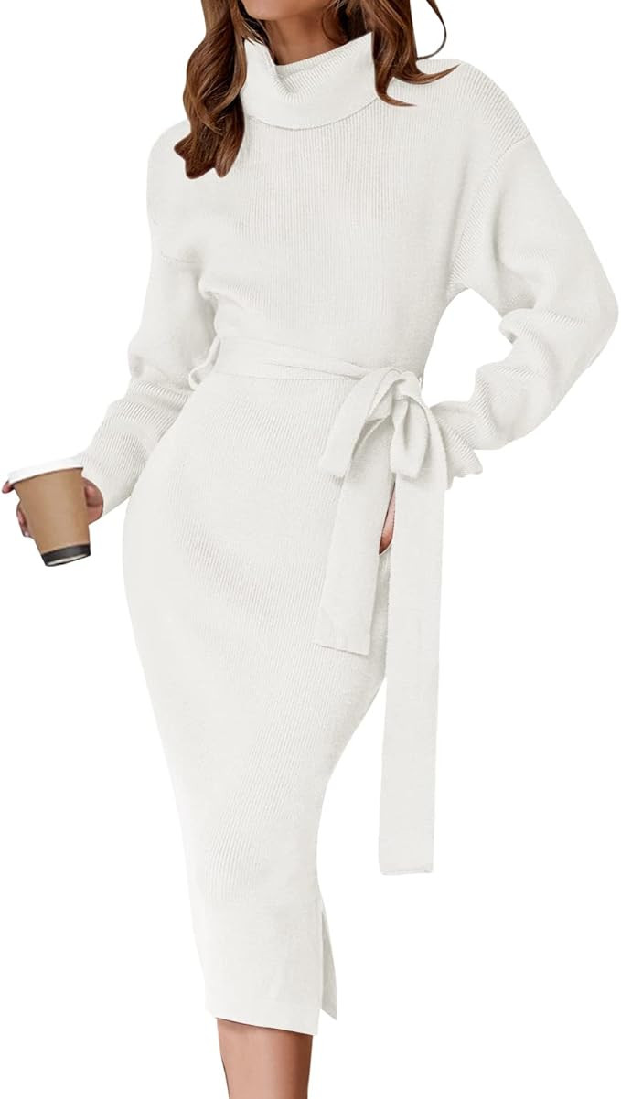 ZESICA Women's Turtleneck Sweater Midi Dress Long Sleeve Ribbed Knit Bodycon Slit Dress with Belt | Amazon (US)
