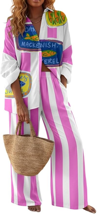 Women's 2-Piece Long Sleeve Shirt & Wide-Leg Pants Set Loose Print Outfit for Beach Vacation & Ca... | Amazon (US)