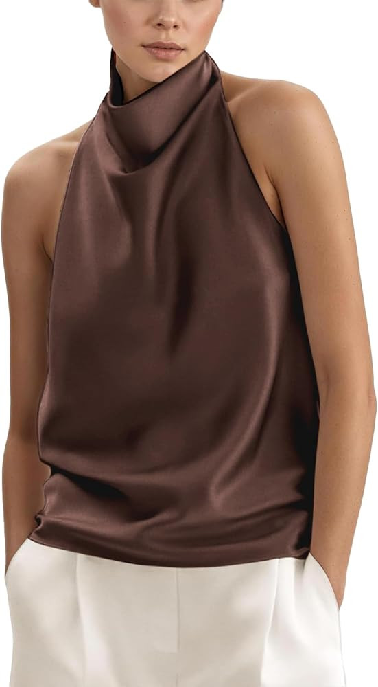 Womens Silk Satin Tanks Draped Front Backless Halter Tops Casual Sleeveless Camis Tops Silky Summ... | Amazon (US)