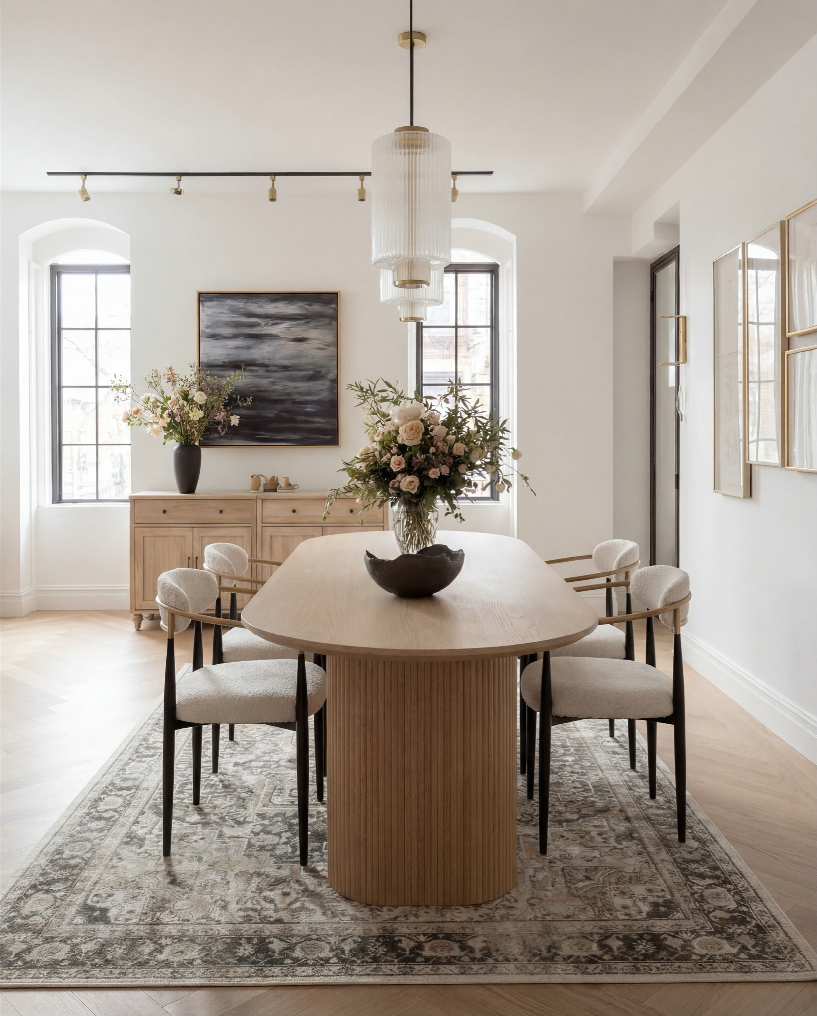 ✨ Shop the look:
Light oak oval dining table | Ivory boucle dining chairs | Brass and glass ribbed pendants | Vintage taupe and ivory rug | Blonde wood sideboard | Matte black vase | Neutral floral arrangement | Gold-framed wall art | Black metal window frames | Ceramic decor accents 

#LTKSaleAlert #LTKFindsUnder100 #LTKHome