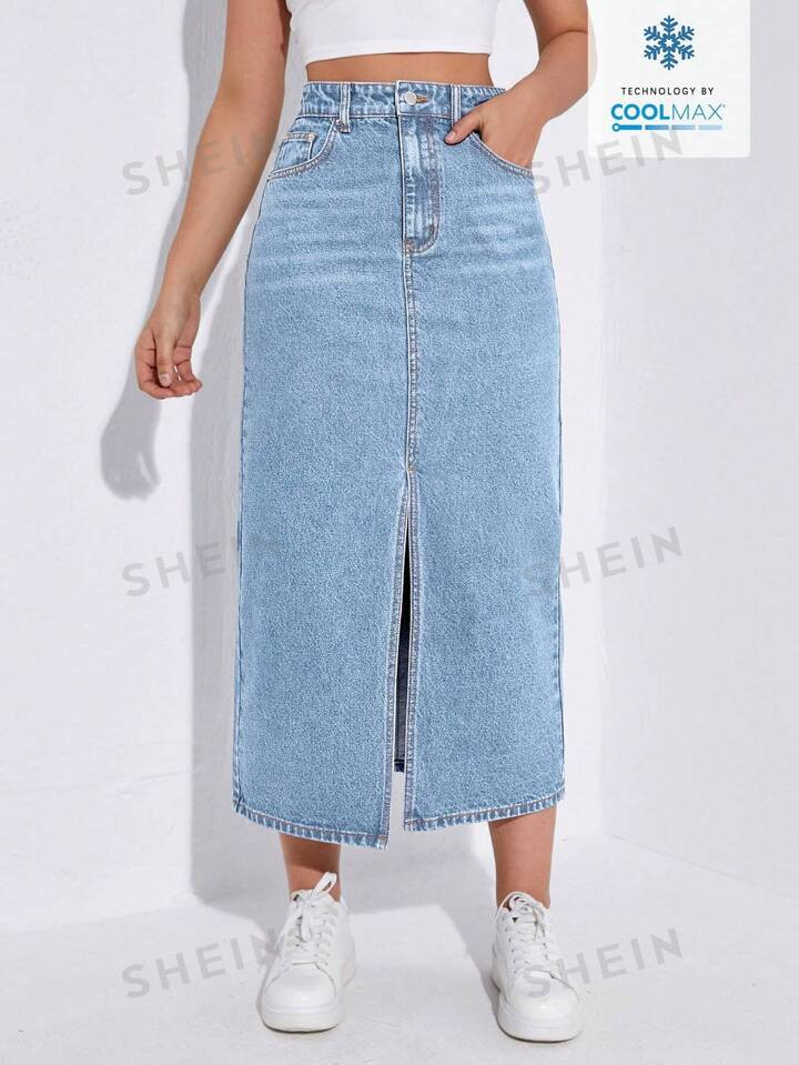 SHEIN EZwear Coolmax Ladies' Denim Summer Midi Skirt With Split Hem | SHEIN USA | SHEIN