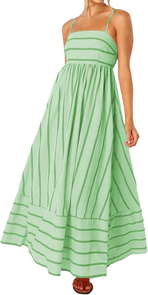 Women Striped Maxi Dress Sleeveless Backless Cutout Smocked Sundress Spaghetti Straps Boho Flowy ... | Amazon (US)