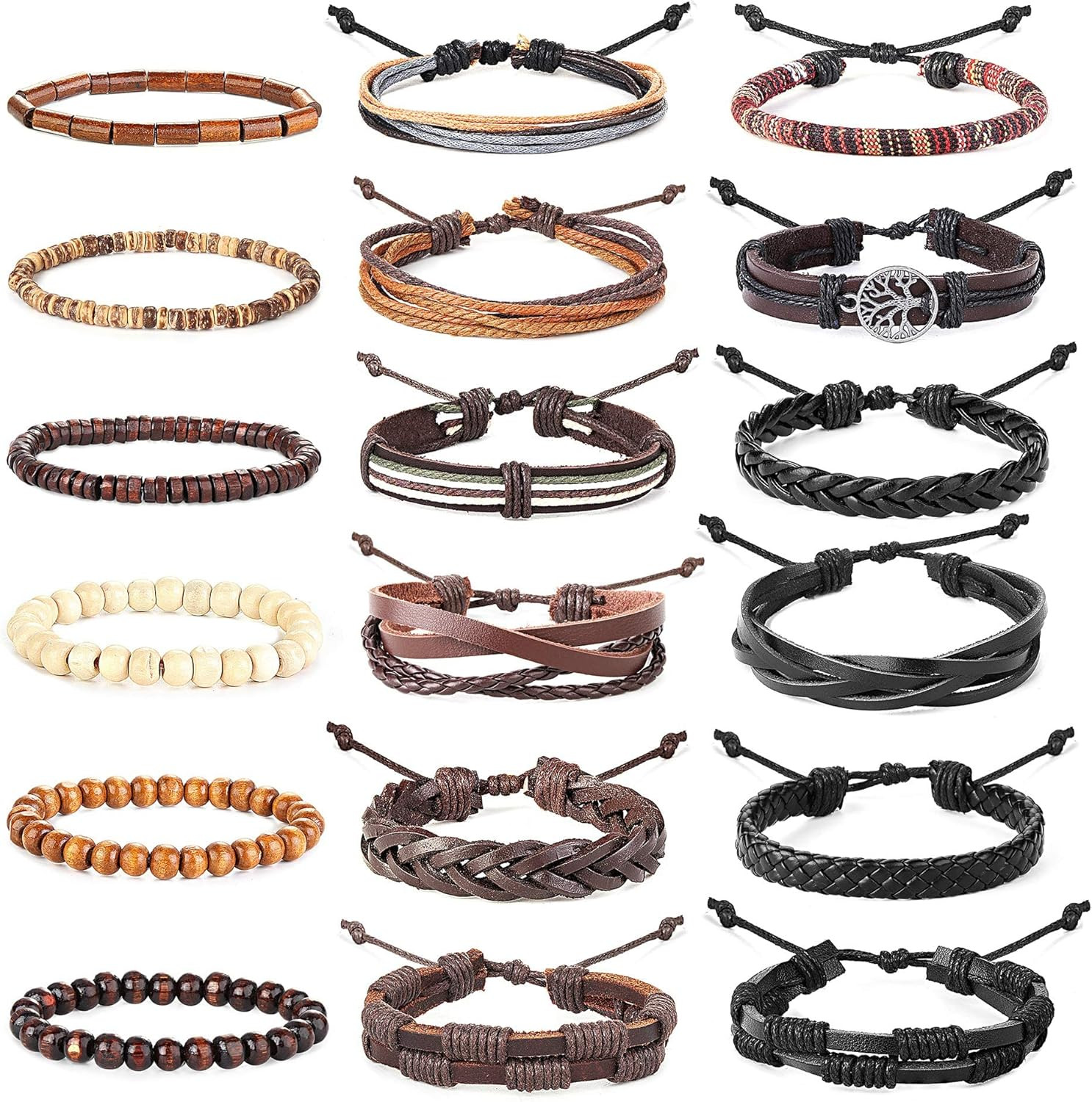 Hanpabum 18pcs Braided Leather Bracelets for Men Women Woven Cuff Wrap Bracelet Wood Beads Ethnic... | Amazon (US)