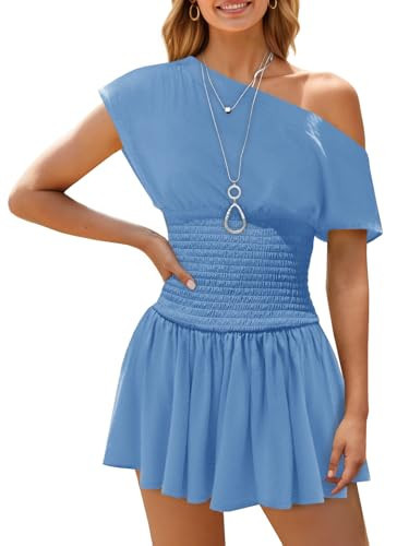 Wenrine Women's Off The Shoulder Mini Dress Summer Short Sleeve Smocked Waist Y2K A Line Going Out Club Dresses Sky Blue | Amazon (US)
