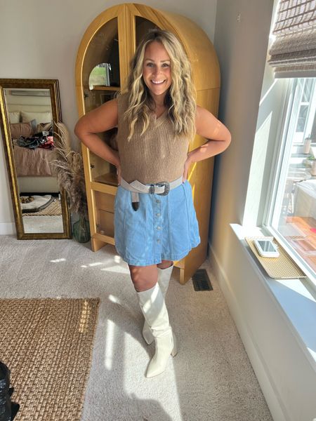 Country concert ready featuring a denim dress from Madewell paired with a green vest, western belt and white boots! 

I’m wearing a 12 petite in the dress & a Large in the top! 

#countryconcert #midsizefashion

#LTKmidsize #LTKstyletip