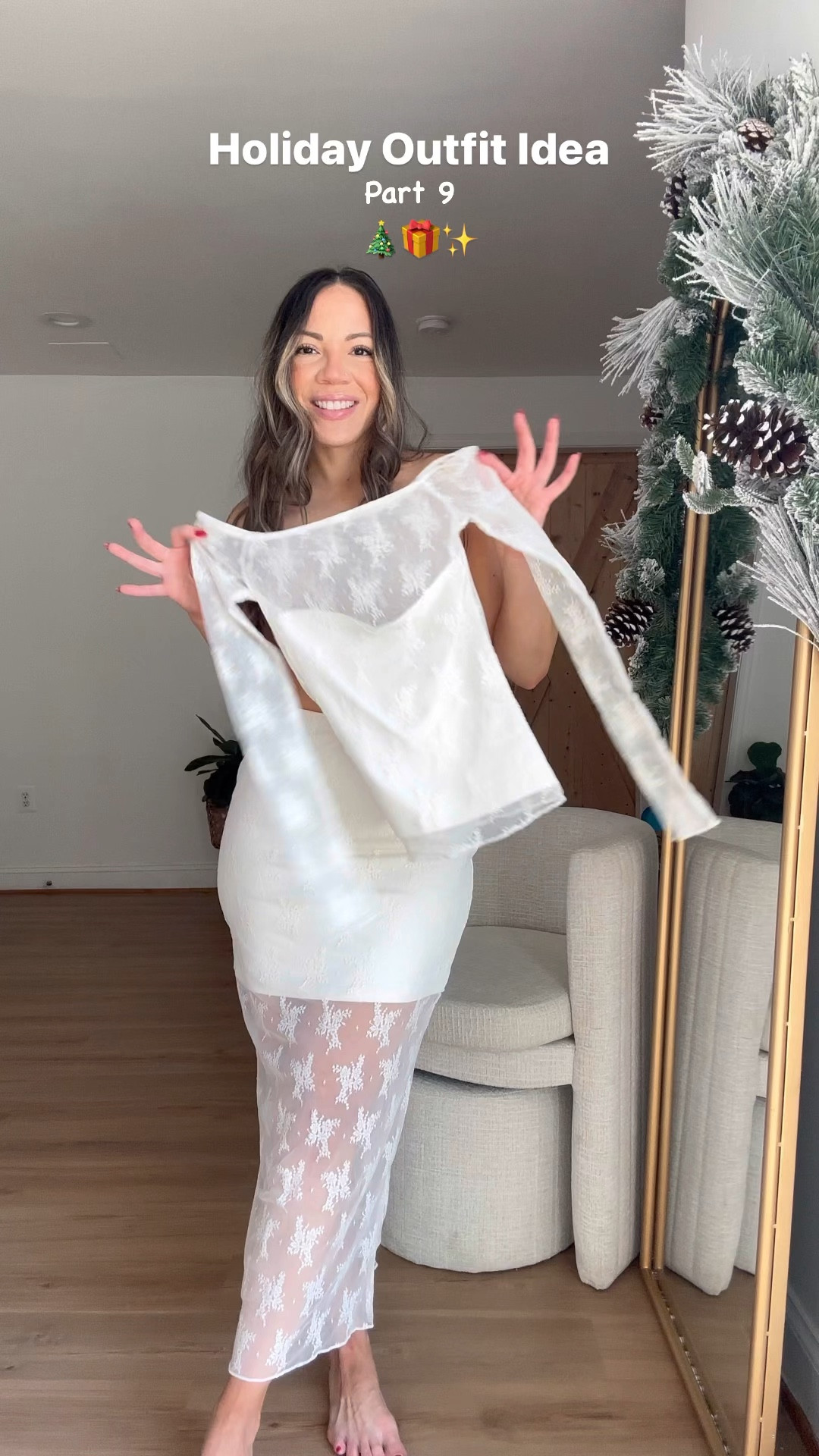 Holiday Outfit Idea - Day 9 of 12. Styling this @abercrombie lace set. It’s a perfect holiday outfit! You can mix and match with other pieces but also wear it after the holidays. It comes in black and in two lengths. These are 30%off + 15%off with code SUITEAF. Jewelry by @melindamaria_jewelry use code IRIS10 for 10%off. I’m wearing size XS in both pieces. 

#LTKHoliday #LTKVideo #LTKsalealert