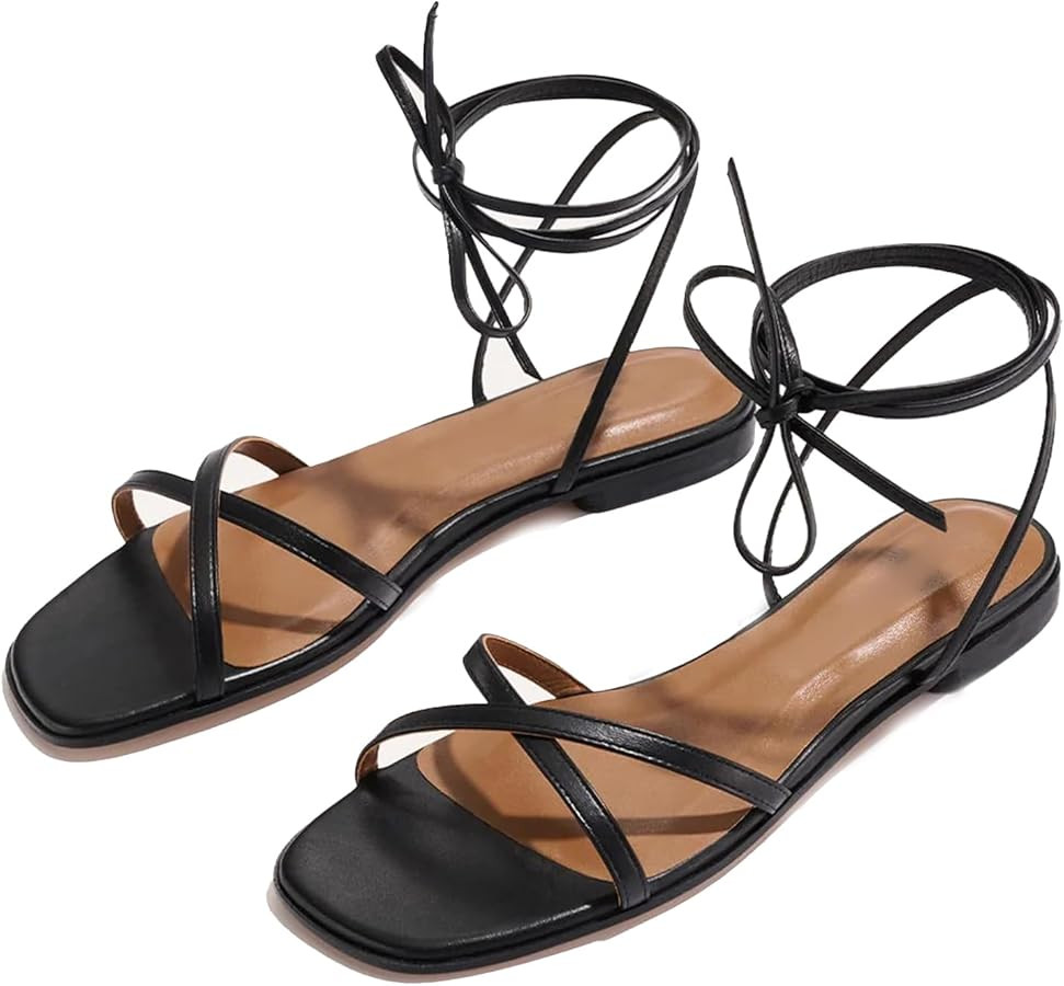Strappy Flats Sandals for Women Comfortable Square Toe Lace Up Slides Beach Gladiator Wrap Sandal... | Amazon (US)