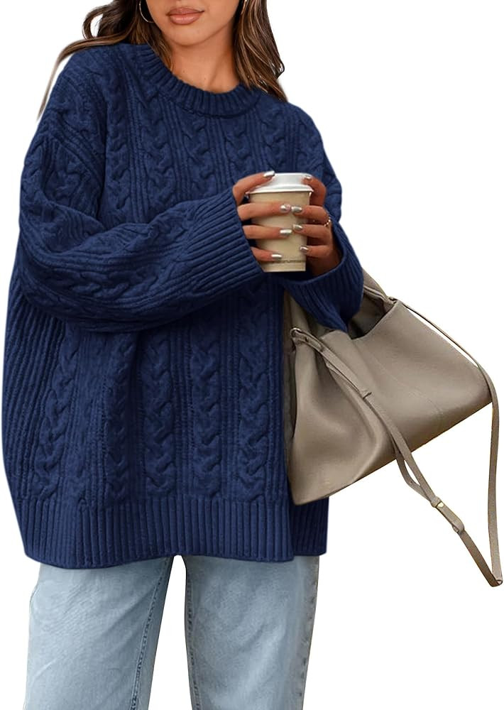 Okiwam Women's Oversized Sweaters Crewneck Cable Knit Pullover Casual Loose Fall Outfits Fashion ... | Amazon (US)