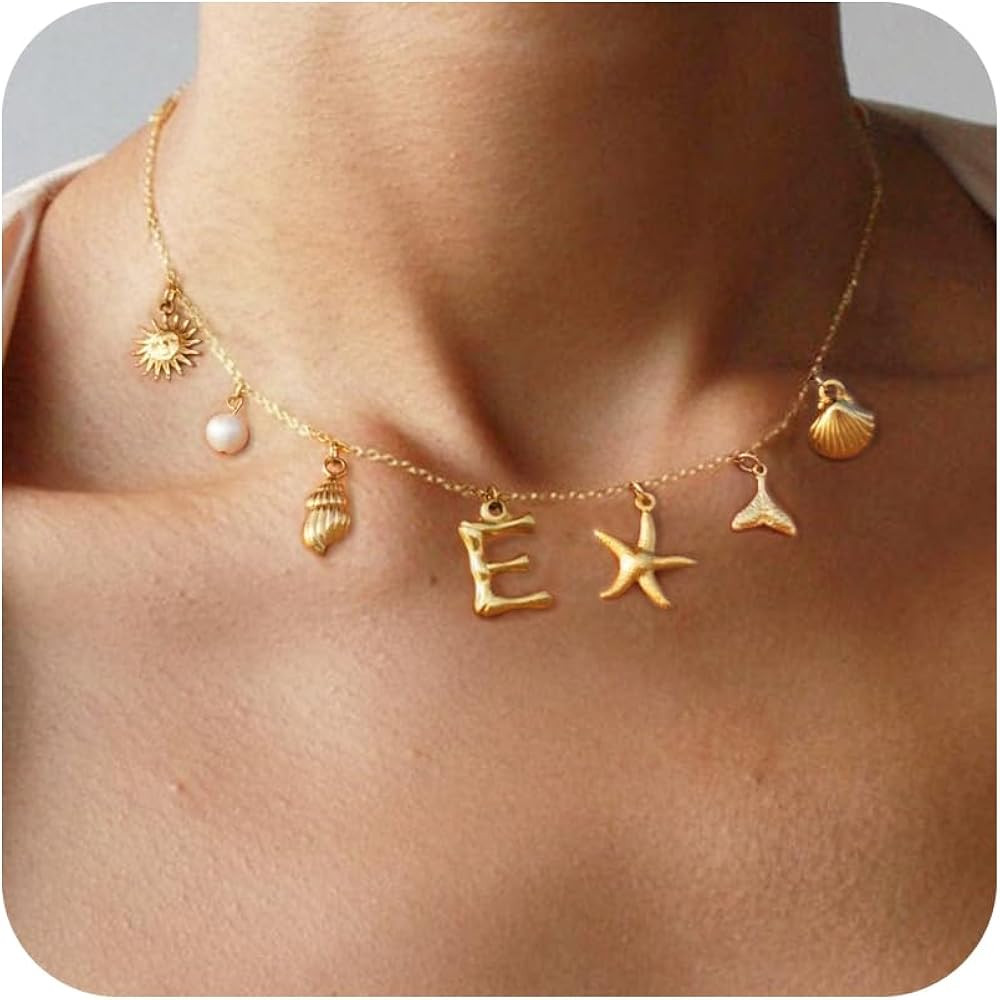 Initial Charm Necklace for Women-18k Gold Plated Seashell Starfish Sun Conch Shell Mermaid Pendan... | Amazon (US)