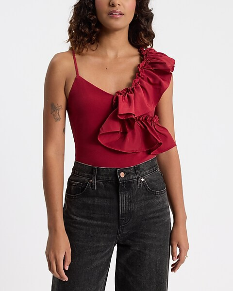 Body Contour Compression V-neck Ruffle Bodysuit | Express