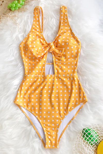 Yellow Polka Dot Front Tie One-Piece Swimsuit | Cupshe