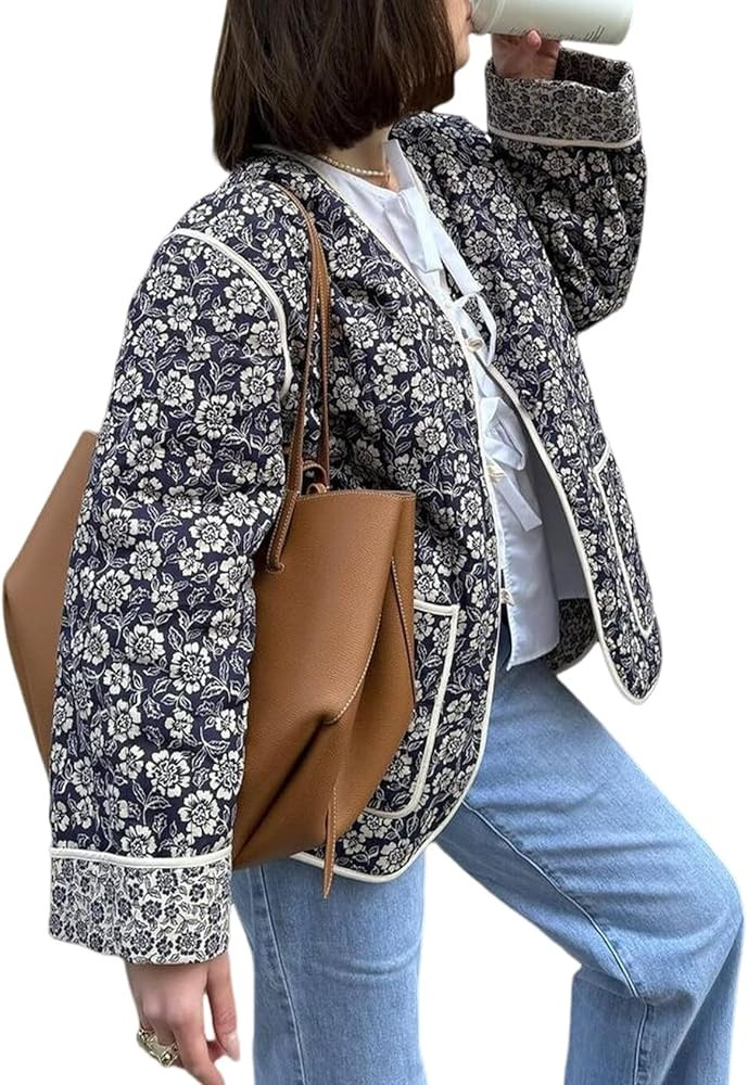 Yimoon Quilted Jackets for Women Reversible Floral Print Open Front Lightweight Cropped Puffer Ja... | Amazon (US)