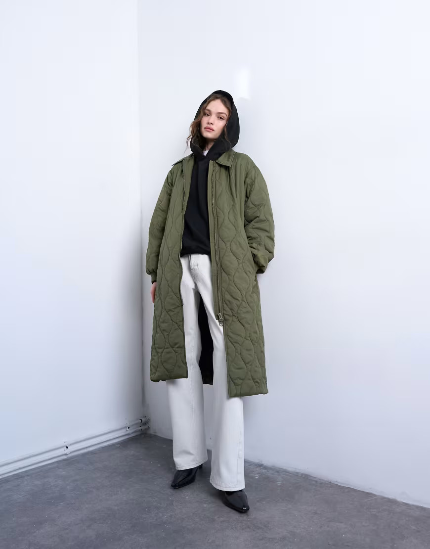 Topshop belted long liner jacket in green | ASOS (Global)