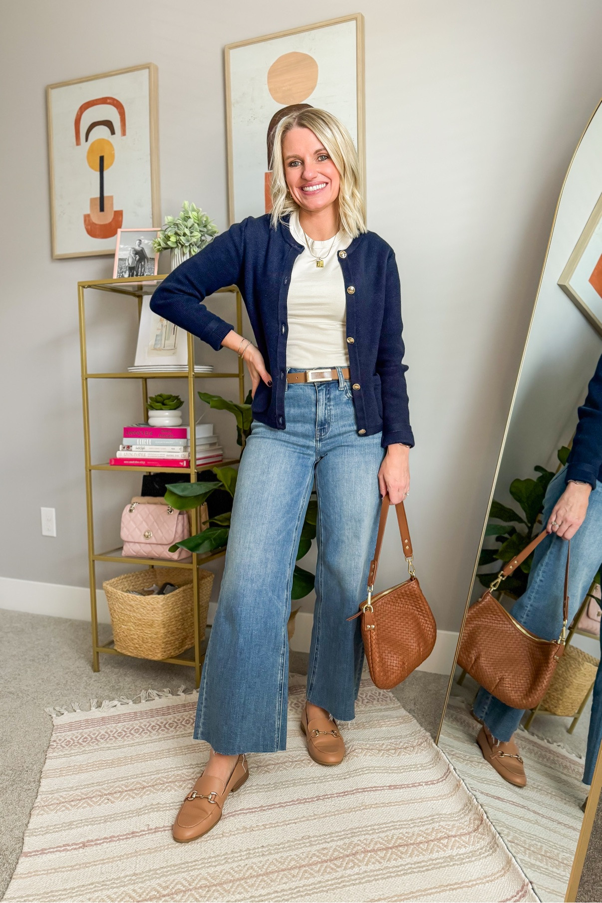 The 'now' version of my then-vs-now look — navy cardigan with the prettiest gold buttons, white tee, and wide leg jeans. 
Sizing:
T-shirt- small
Cardigan jacket- xsmall
Jeans- 25/extra short (I cut these jeans to a 26” inseam because they didn’t come in an extra short length.) 
#whatiwore #ootd #falloutfit #petitestyle #momstyle

#LTKPetite #LTKOver40 #LTKootd