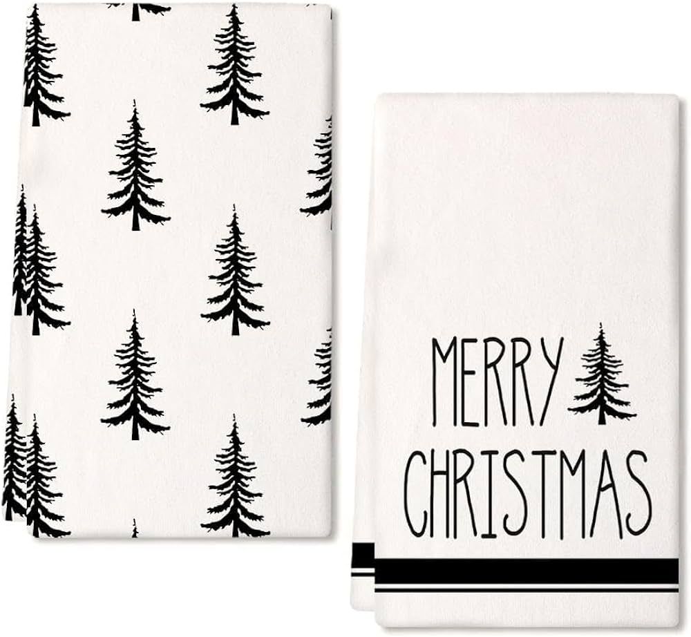 ARKENY Christmas Kitchen Towels Set of 2,Black Xmas Tree Dish Towels 18x26 Inch,Hoilday Farmhouse... | Amazon (US)