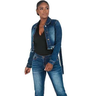 Poetic Justice Curvy Women's Strap Frayed Hem Indigo Tinted Cropped Jean Jacket Medium Blue Medium | Target