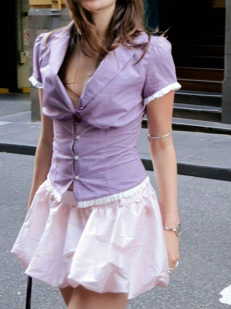 Women Y2k Plaid Button Down Shirt Top Gingham Short Sleeve Collared Button Slim Fit T Shirts Ruff... | SHEIN