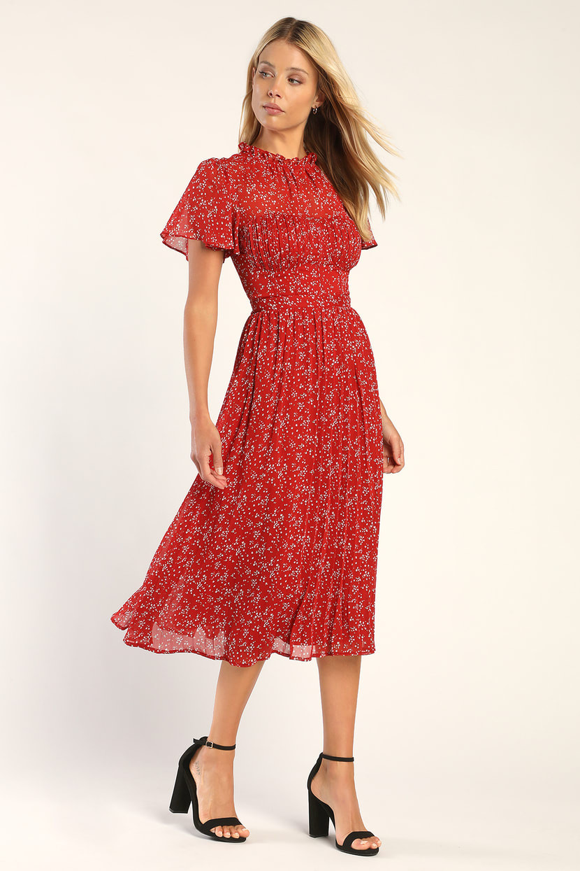 Romantic Imaginings Red Floral Flutter Sleeve Midi Dress | Lulus (US)