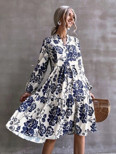 Floral Print Lantern Sleeve Dress Without Belt | SHEIN